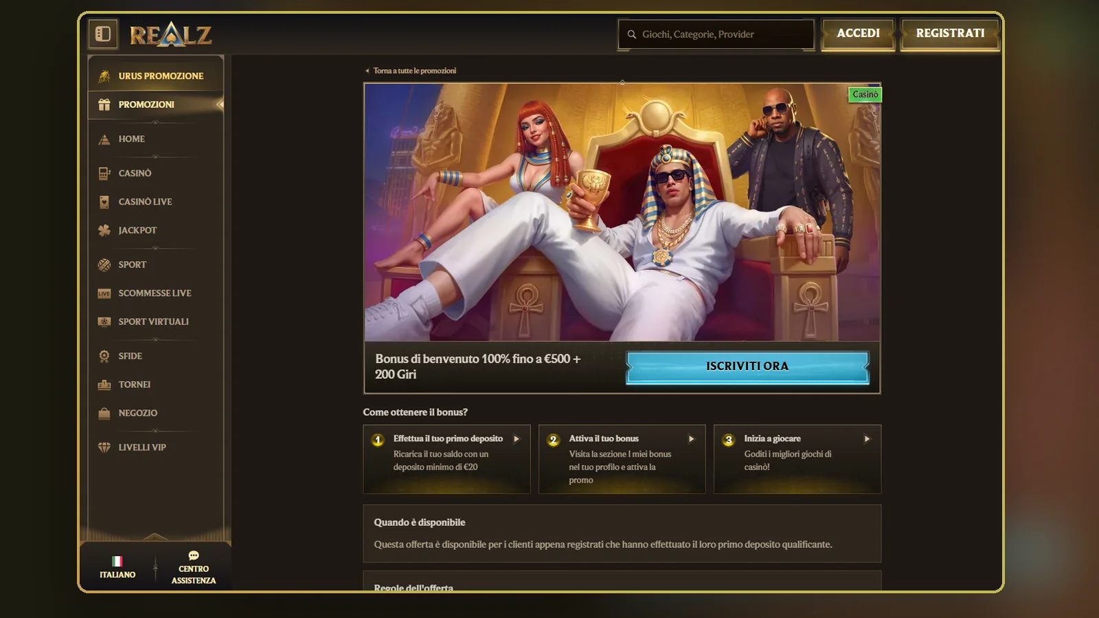 Promozione di benvenuto del casinò Realz: banner, tre passaggi per richiederla e riquadro con le regole dell'offerta