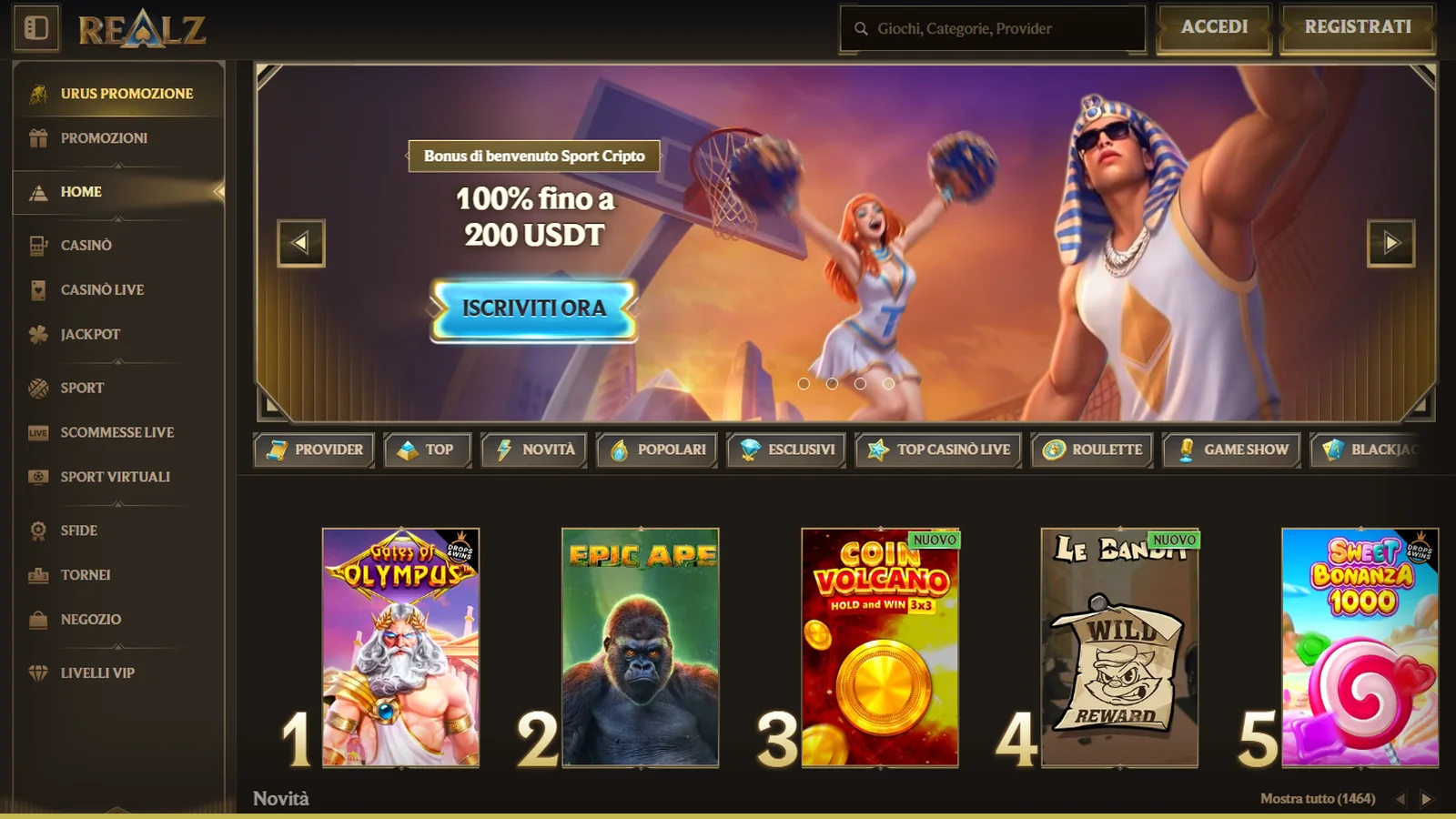 La lobby di Realz con il menu laterale (Casinò, Casinò Live, Jackpot, Sport, Tornei) e il banner Sport Cripto