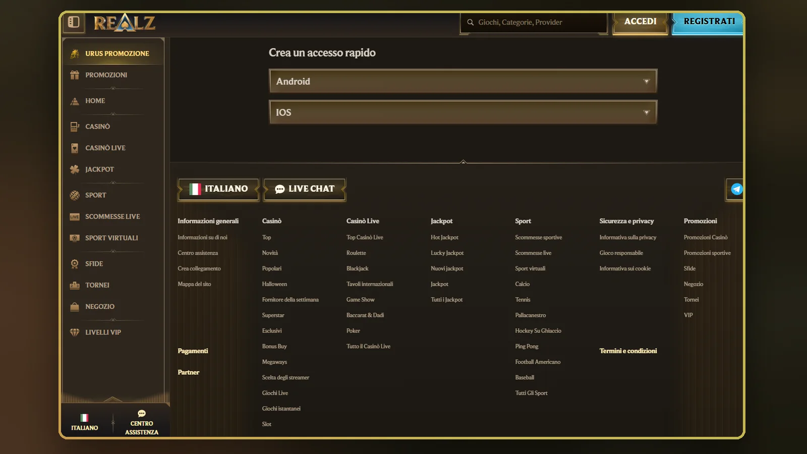 Pagina "Crea un accesso rapido" di Realz: scegli Android o IOS, sotto trovi le colonne Casinò, Sport, Promozioni e Informazioni generali