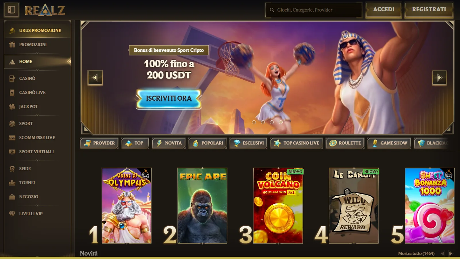 La lobby di Realz con il menu laterale (Casinò, Casinò Live, Jackpot, Sport, Tornei) e il banner Sport Cripto