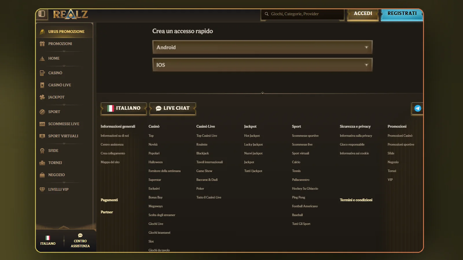 Pagina "Crea un accesso rapido" di Realz: scegli Android o IOS, sotto trovi le colonne Casinò, Sport, Promozioni e Informazioni generali