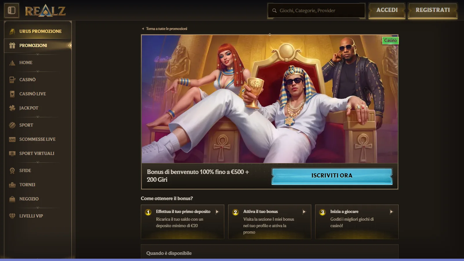 Promozione di benvenuto del casinò Realz: banner, tre passaggi per richiederla e riquadro con le regole dell'offerta