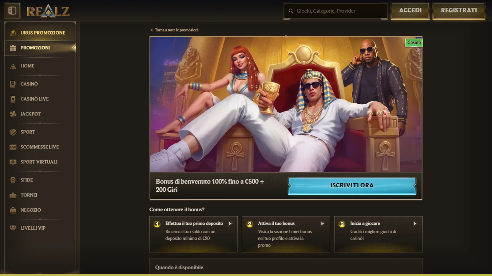Promozione di benvenuto del casinò Realz: banner, tre passaggi per richiederla e riquadro con le regole dell'offerta